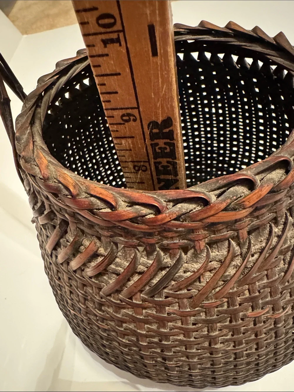 Vintage Japanese Handwoven Brown Wicker Basket with Handle